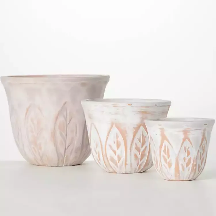 Kirklands Home Rustic Leaf Clay Planters, Set of 3 White Discount