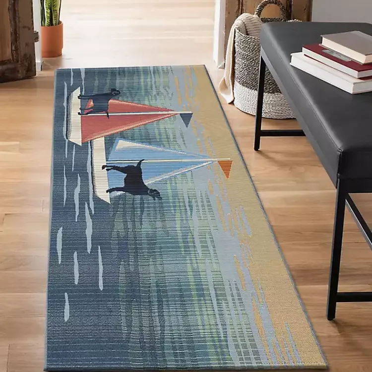 Kirklands Home Sailboat Dogs Indoor/Outdoor Runner, 1x4 Blue New