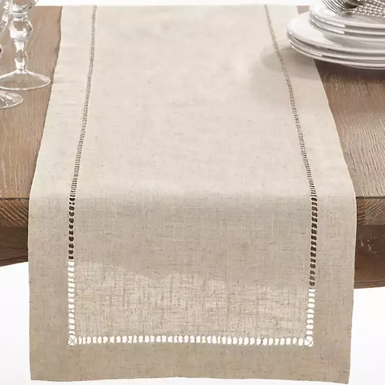 Kirklands Home Sand Beige Hemstitch Border Table Runner Tan New