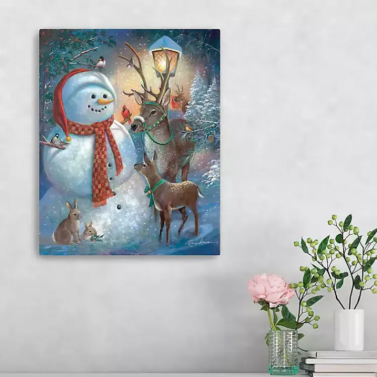 Christmas Art & Wall Decor>Kirklands Home Scarf Snowman with Reindeer Canvas Art Print Multi