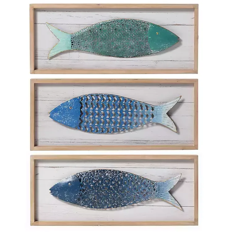 Kirklands Home School of Fish Wooden and Metal Plaques, Set of 3 Blue Sale