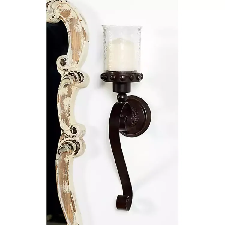 Sconces>Kirklands Home Scrolled Wrought Iron and Glass Hurricane Sconce