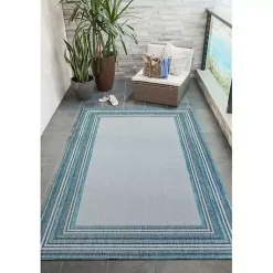 Kirklands Home Seaglass Lined Frame Outdoor Area Rug, 6x9 Blue Clearance