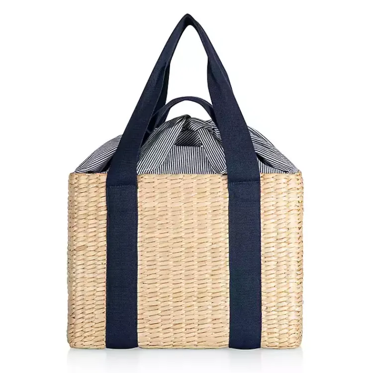 Kirklands Home Seagrass Navy Tie Top Picnic Basket Outlet