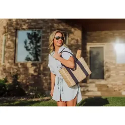 Kirklands Home Seagrass Navy Tie Top Picnic Basket Outlet