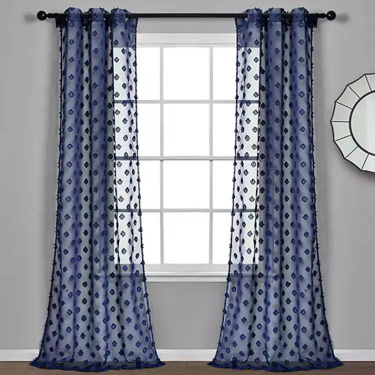 Kirklands Home Sheer Navy Dotted Curtain Panel Set, 84 in. Blue New