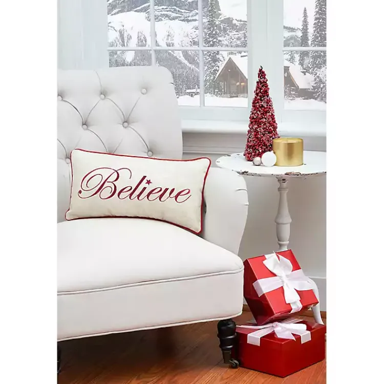 Christmas Pillows>Kirklands Home Silver and Red Believe Lumbar Pillow