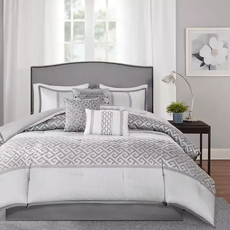 Kirklands Home Silver Geometric Stripes 7-pc. King Comforter Set Clearance