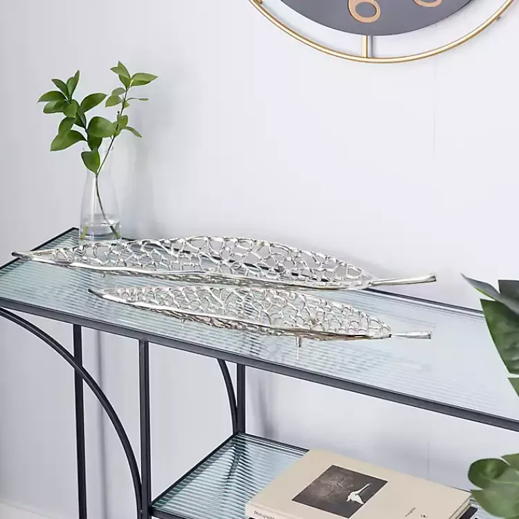 Decorative Trays>Kirklands Home Metal Leaf Trays, Set of 2 Silver