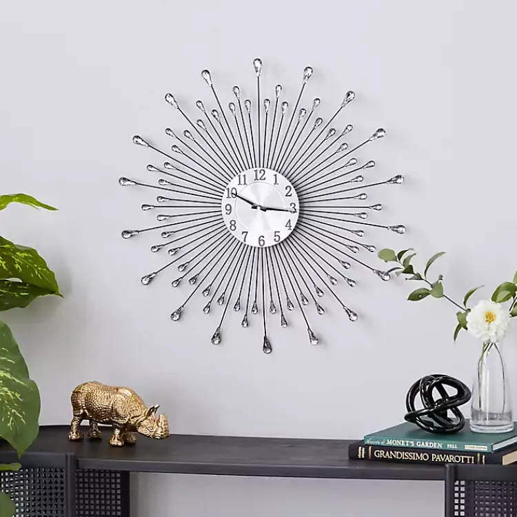 Kirklands Home Silver Metal Sunburst Droplet Frame Clock Hot
