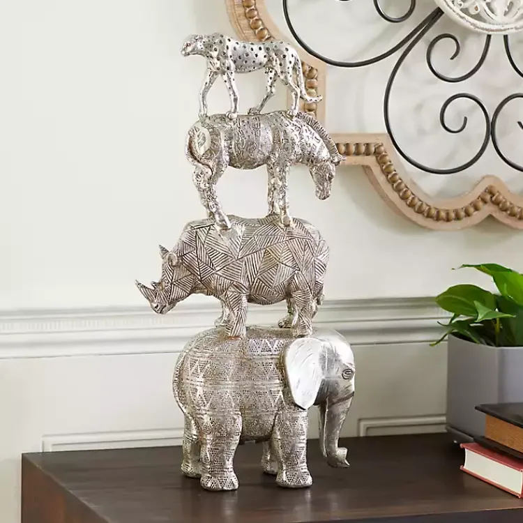 Statues & Figurines>Kirklands Home Resin Stacked Animals Sculpture Silver