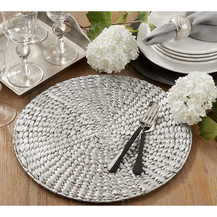 Kirklands Home Round Woven Rattan Placemats, Set of 4 Silver New