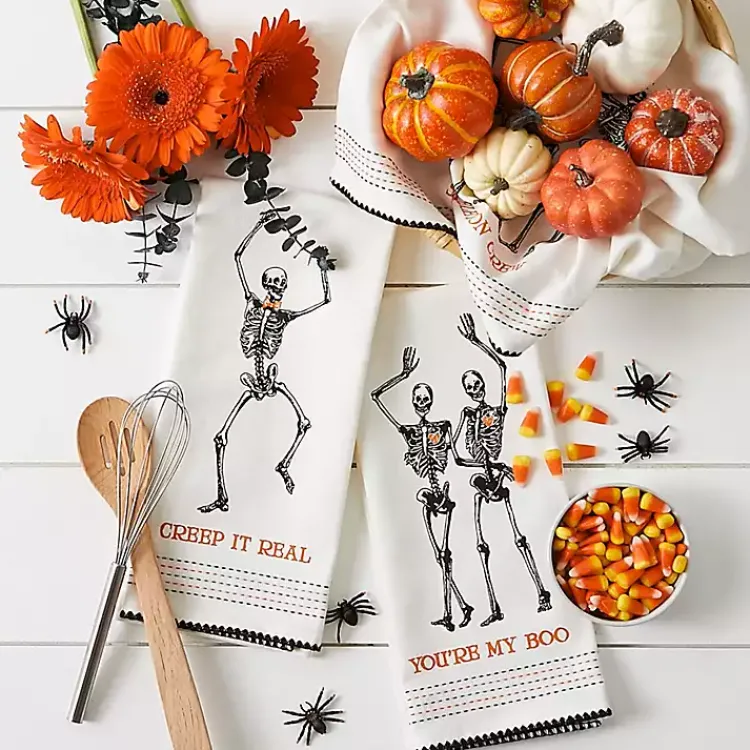 Kirklands Home Skeletons Printed Assorted Dishtowels, Set of 3 New