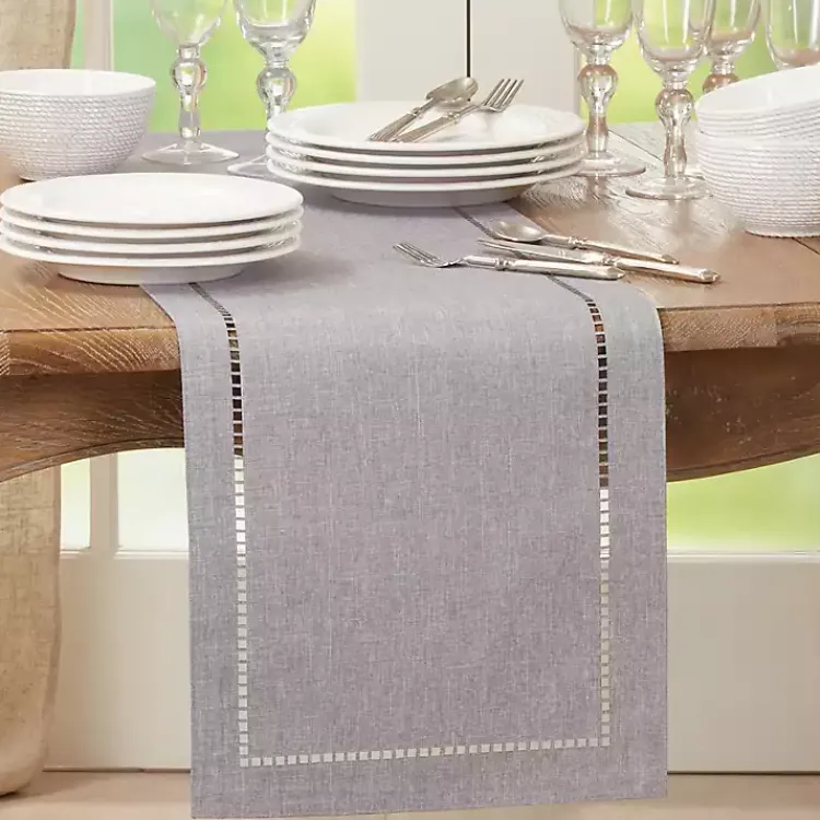 Kirklands Home Slate Hemstitch Border Table Runner Gray New
