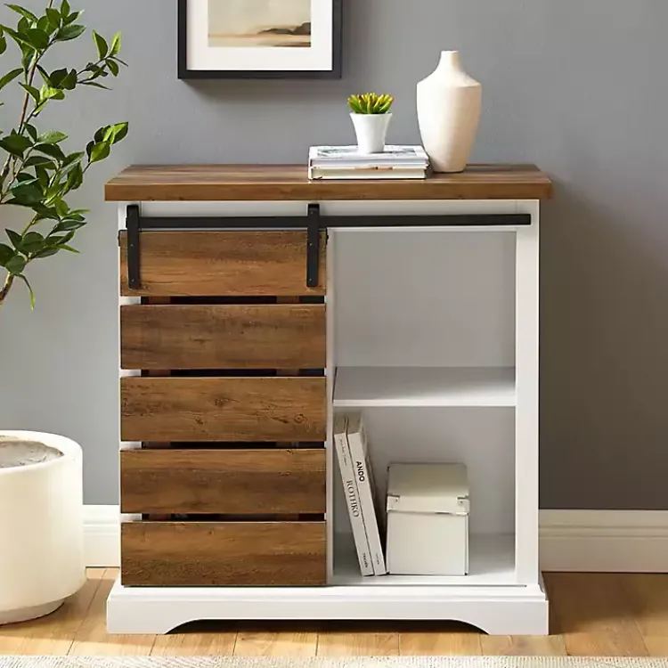 Kirklands Home Slatted Sliding Barn Door White and Oak Cabinet Brown Discount