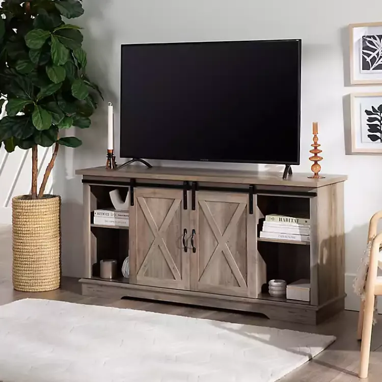 Kirklands Home Sliding Barn Door Open Shelf Wash TV Stand Gray Online