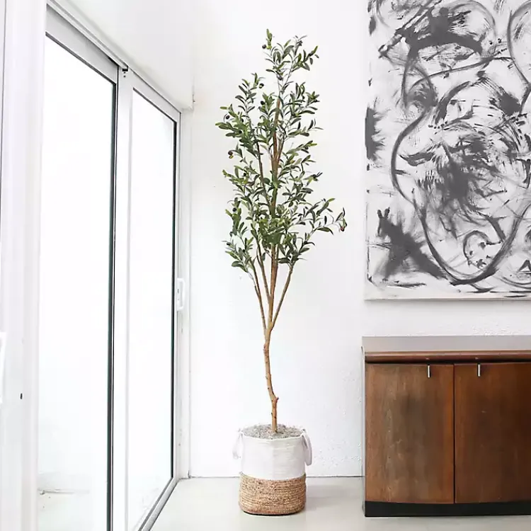 Trees & Topiaries>Kirklands Home Slim Olive Tree in Woven Planter, 7 ft.