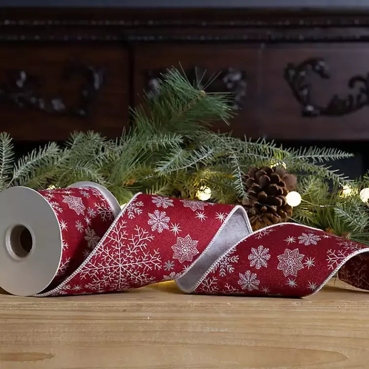 Christmas Decorations>Kirklands Home Snowflakes on Red 5 yard Christmas Ribbon