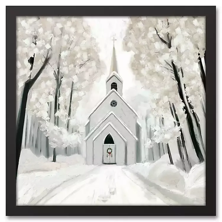 Christmas Art & Wall Decor>Kirklands Home Snowy Church Framed Canvas Art Print Black