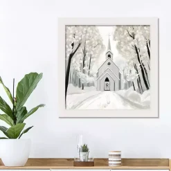 Christmas Art & Wall Decor>Kirklands Home Snowy Church Framed Canvas Art Print White