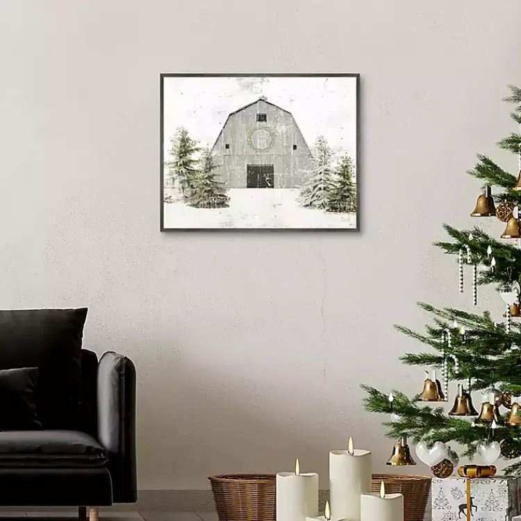 Christmas Art & Wall Decor>Kirklands Home Snowy Barn Christmas Canvas Art Print Gray