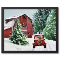 Christmas Art & Wall Decor>Kirklands Home Snowy Red Barn Black Framed Canvas Art Print