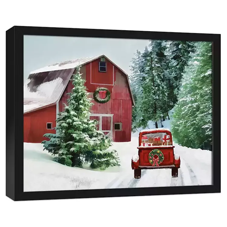 Christmas Art & Wall Decor>Kirklands Home Snowy Red Barn Black Framed Canvas Art Print