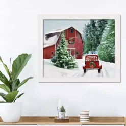 Christmas Art & Wall Decor>Kirklands Home Snowy Red Barn White Framed Canvas Art Print