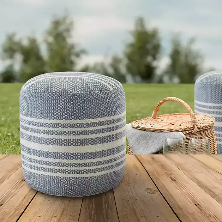 Kirklands Home Soft Blue Simple Stripe Outdoor Pouf Hot