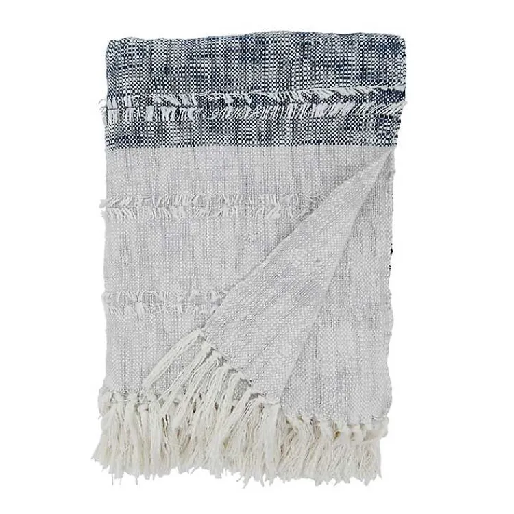 Blankets & Throws>Kirklands Home Soft Blue Textured Striped Tassel Throw