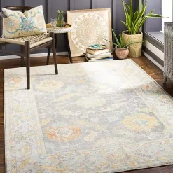 Kirklands Home Soft Yellow and Gray Floral Area Rug, 8x12 Clearance