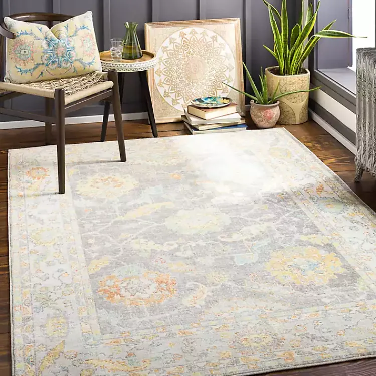 Kirklands Home Soft Yellow and Gray Floral Area Rug, 8x12 Clearance