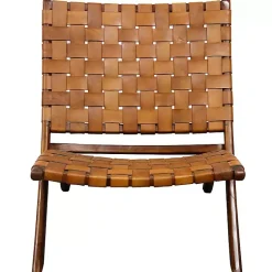 Kirklands Home Solid Teak and Genuine Leather Lounge Chair Brown New