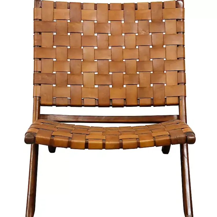 Kirklands Home Solid Teak and Genuine Leather Lounge Chair Brown New