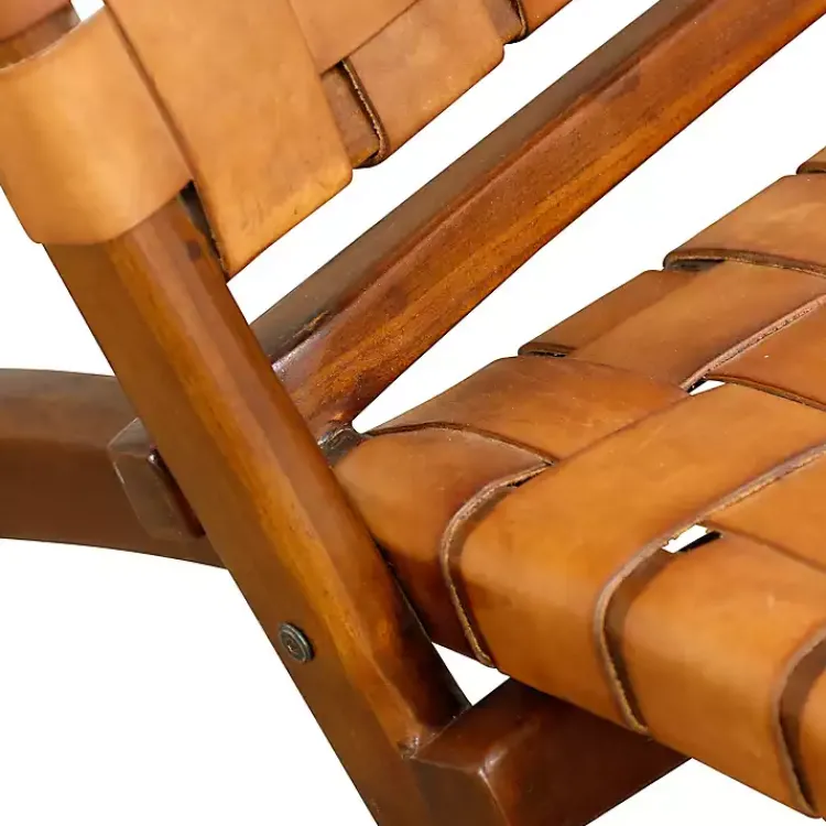 Kirklands Home Solid Teak and Genuine Leather Lounge Chair Brown New