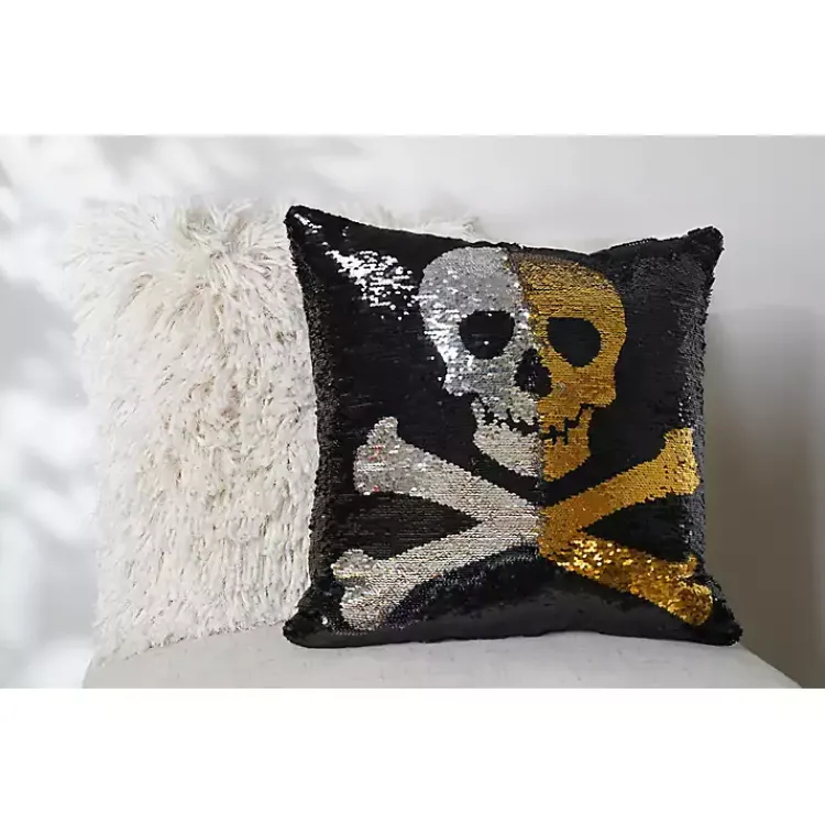 Halloween>Kirklands Home Sparkle Sequin Skull Pillow