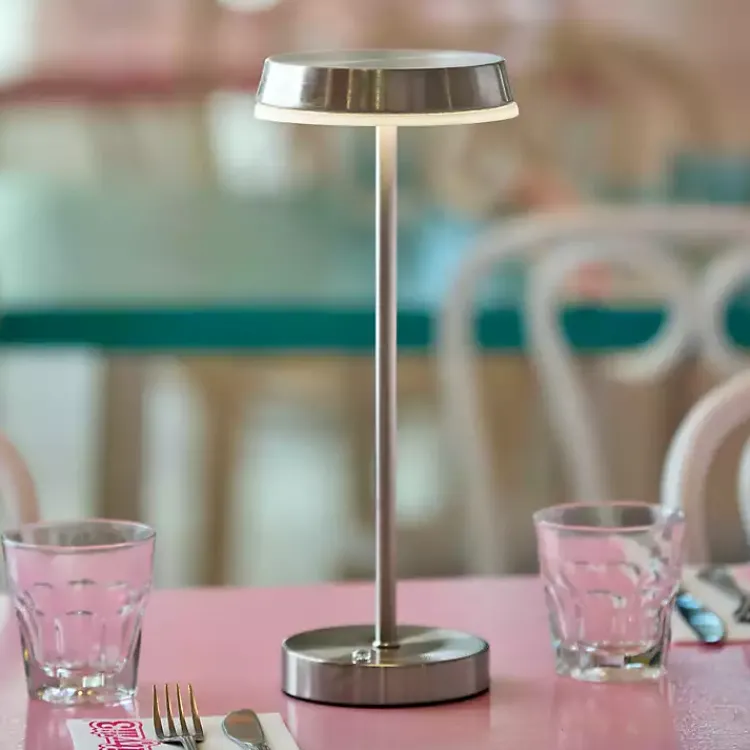 Kirklands Home Steel Metal Disc Frosted Light Cordless Table Lamp Silver Outlet