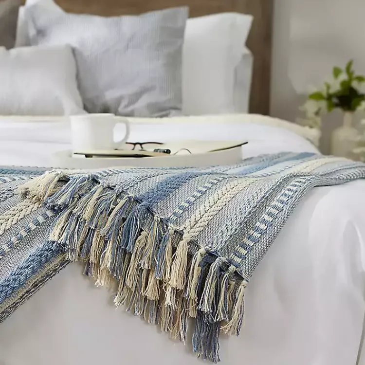 Blankets & Throws>Kirklands Home Stonewash Braided Fringe Throw Blue