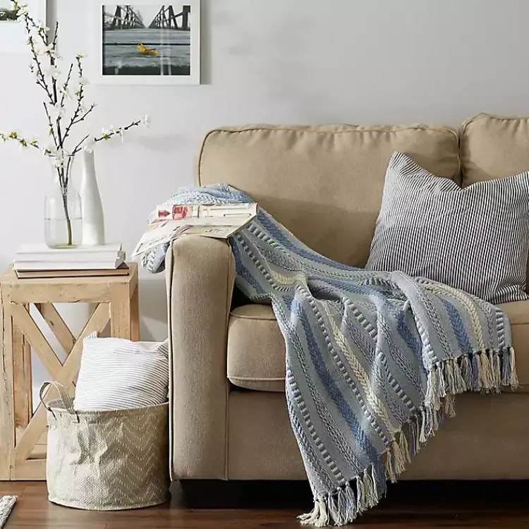 Blankets & Throws>Kirklands Home Stonewash Braided Fringe Throw Blue