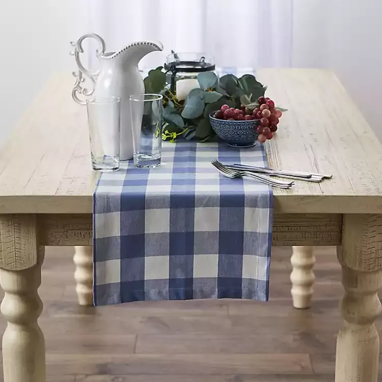 Kirklands Home Stonewash Blue Buffalo Check Table Runner, 72 in. New