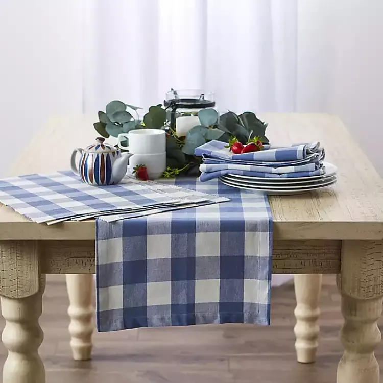 Kirklands Home Stonewash Blue Buffalo Check Table Runner, 72 in. New