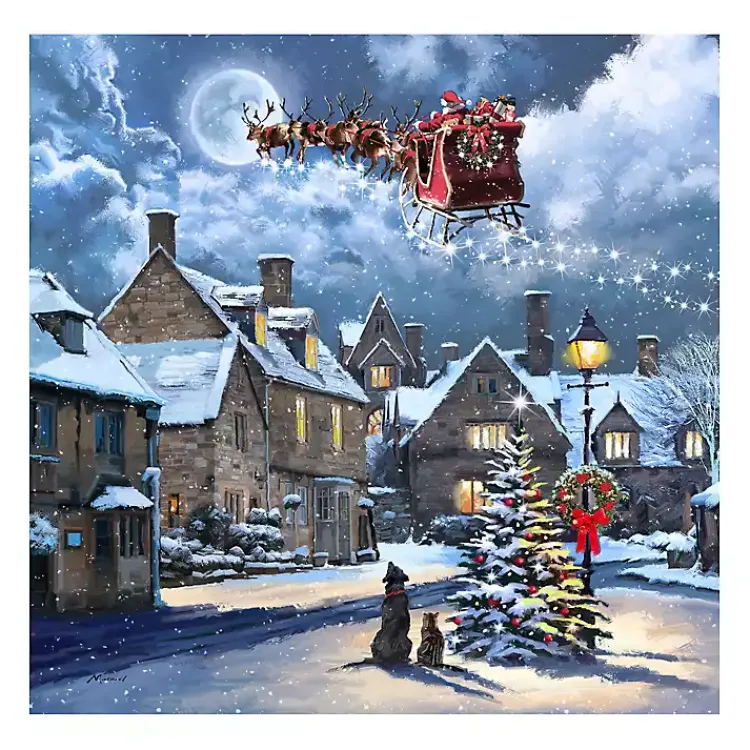 Christmas Art & Wall Decor>Kirklands Home Street Light and Santa's Sleigh Canvas Art Print Blue