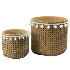 Kirklands Home Tall Woven Cement Baskets with Pom Poms, Set of 2 Brown Hot