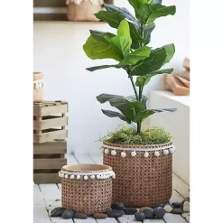 Kirklands Home Tall Woven Cement Baskets with Pom Poms, Set of 2 Brown Hot