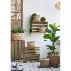 Kirklands Home Tall Woven Cement Baskets with Pom Poms, Set of 2 Brown Hot