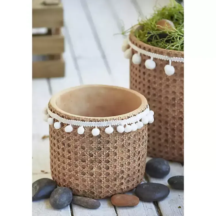 Kirklands Home Tall Woven Cement Baskets with Pom Poms, Set of 2 Brown Hot