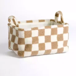 Baskets & Boxes>Kirklands Home & White Checkered Sherpa Storage Bin Tan