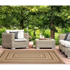 Kirklands Home Tan and Black Framed Indoor/Outdoor Area Rug, 5x7 New