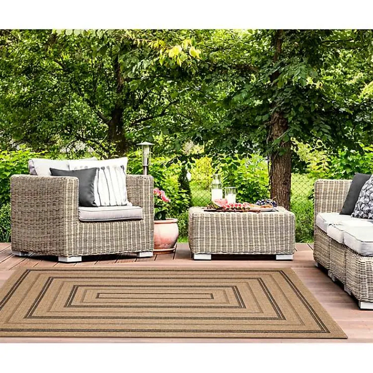 Kirklands Home Tan and Black Framed Indoor/Outdoor Area Rug, 5x7 New