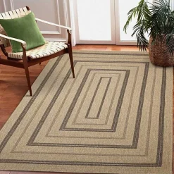 Kirklands Home Tan and Black Framed Indoor/Outdoor Area Rug, 7X9 Clearance